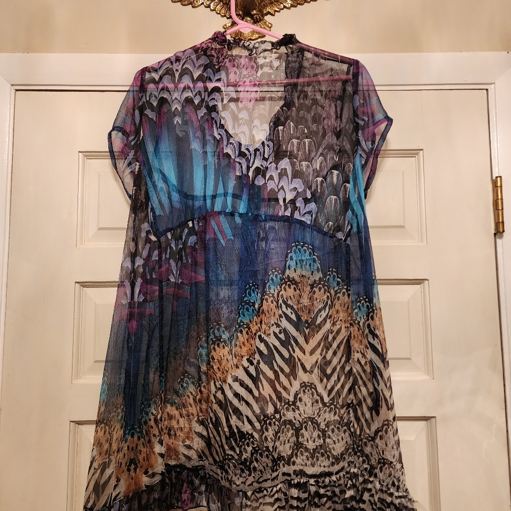 SHEER Ruffled Beaded Tunic Peacock Color Purple Buttons XL w/Front & Neck Ruffle